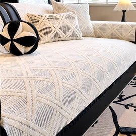 Beige geometric chenille sofa cover and pillow — gsft-9055