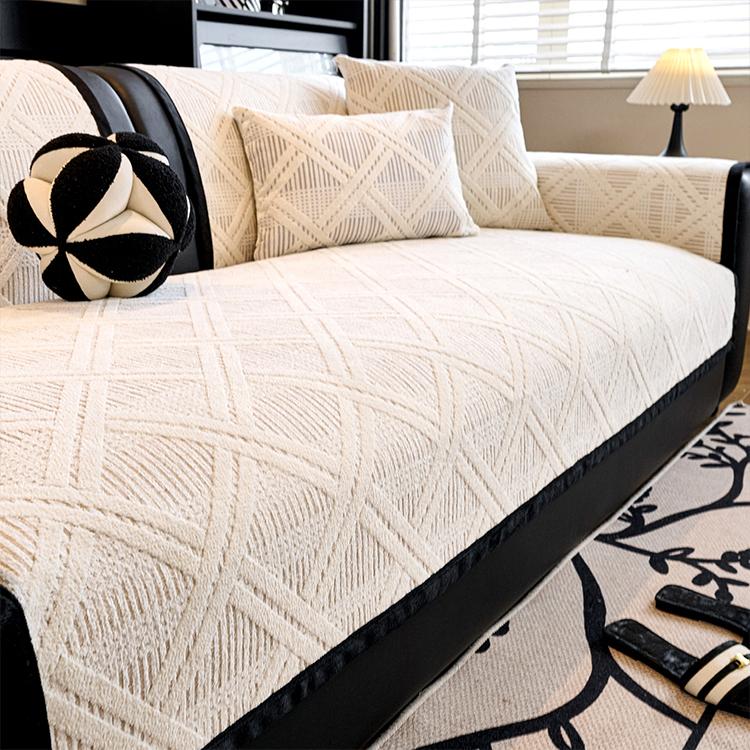 Beige Modern Geometric Chenille Non-Slip Couch Cover
