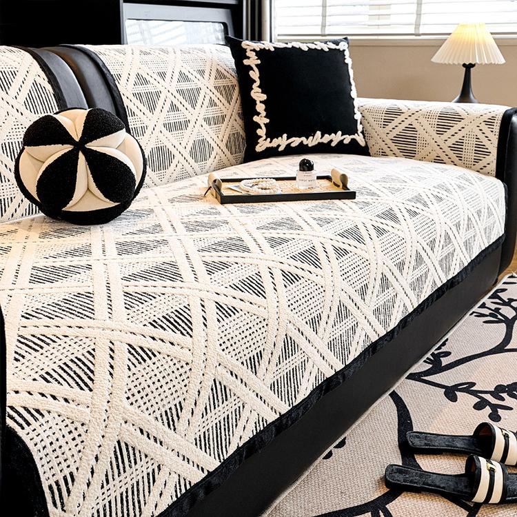 Black Modern Geometric Chenille Non-Slip Couch Cover