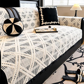 Black Modern Geometric Chenille Non-Slip Couch Cover