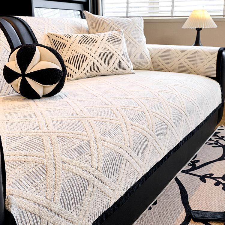 Gray Modern Geometric Chenille Non-Slip Couch Cover