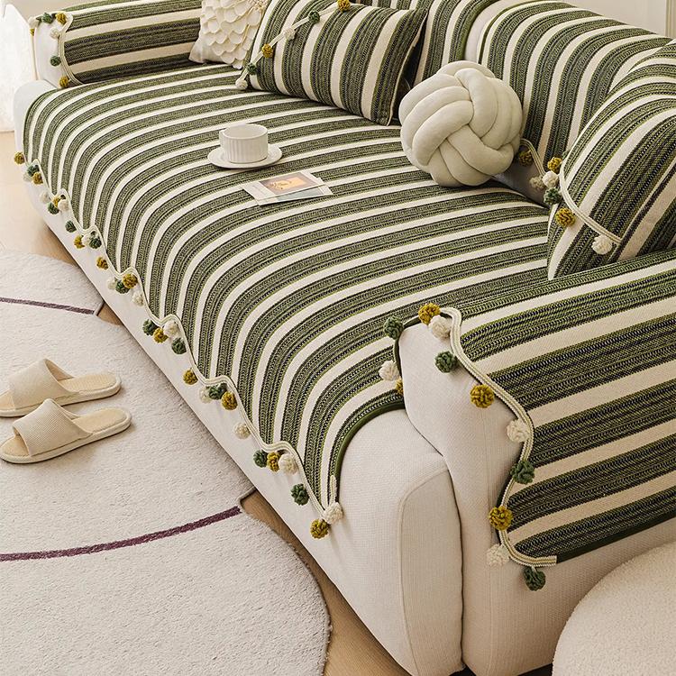 Green striped chenille cover on a sofa — gsft-9056