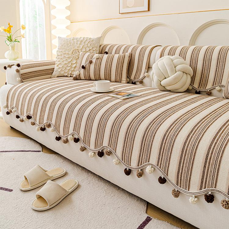 Pom-Pom Stripe — Brown Decorative Stripe & Scalloped Chenille Couch Cover