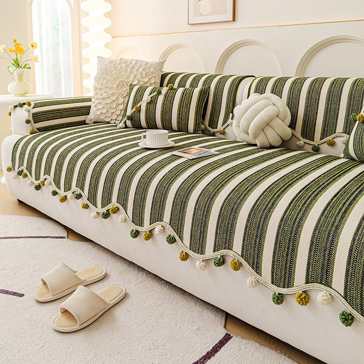 Pom-Pom Stripe — Green Decorative Stripe & Scalloped Chenille Couch Cover