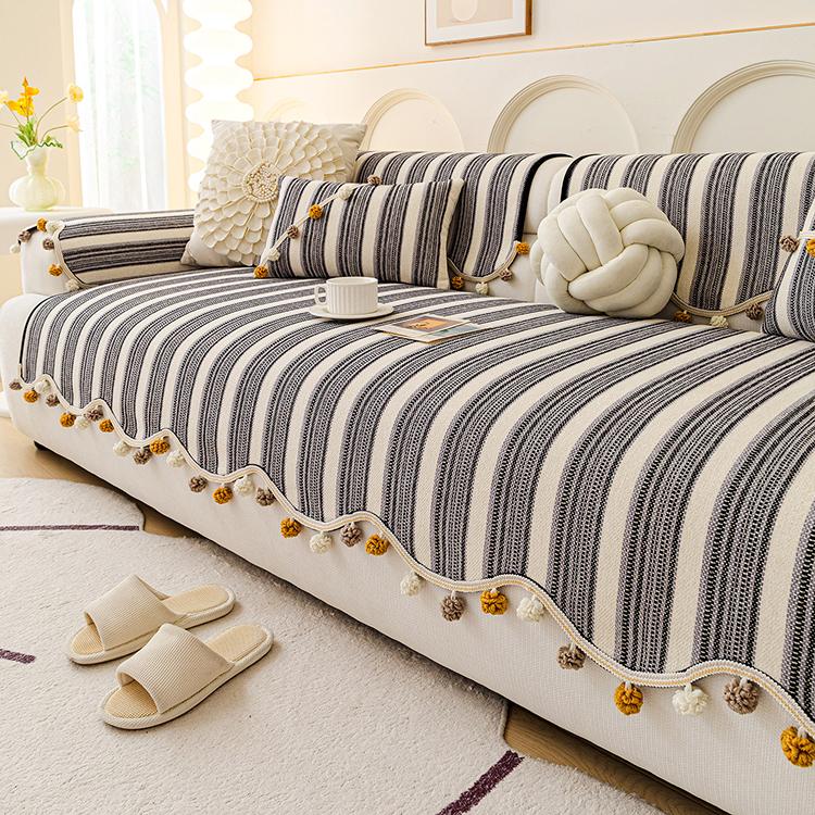 Pom-Pom Stripe — Gray Decorative Stripe & Scalloped Chenille Couch Cover