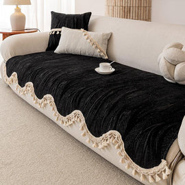 Scalloped Solid — Black Decorative Stripe & Scalloped Chenille Couch Cover