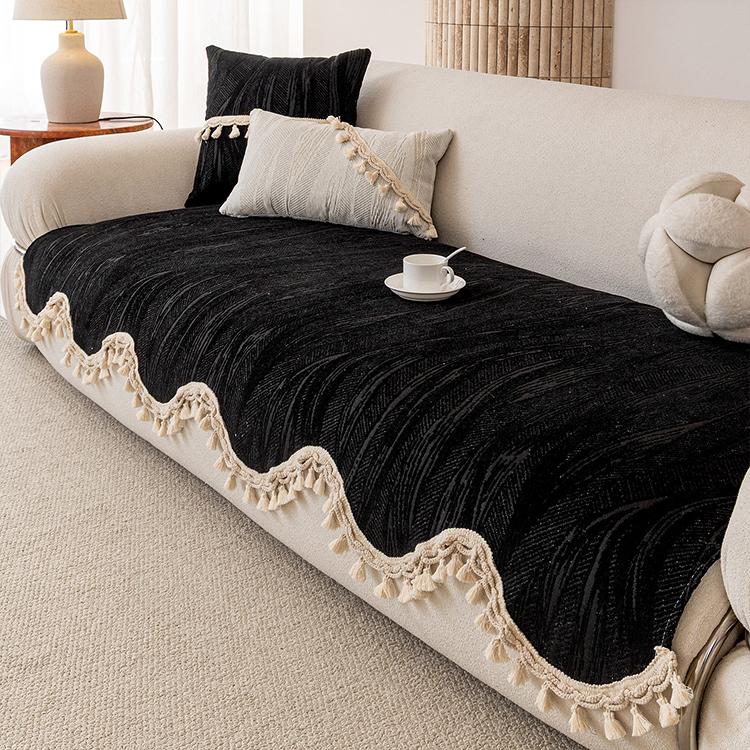 Scalloped Solid — Black Decorative Stripe & Scalloped Chenille Couch Cover