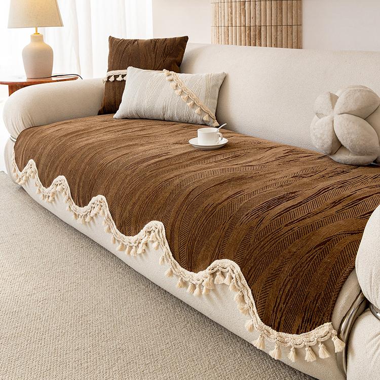 Scalloped Solid — Brown Decorative Stripe & Scalloped Chenille Couch Cover