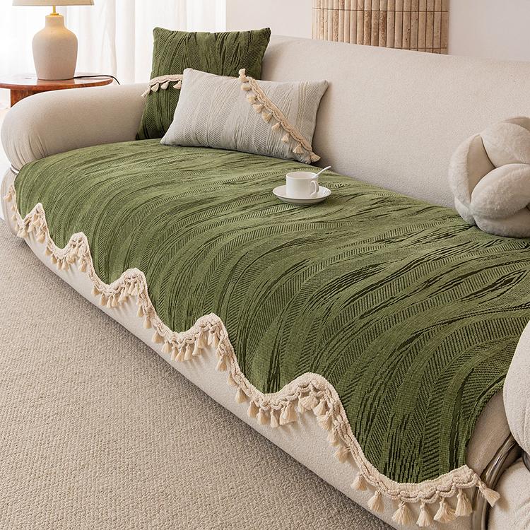 Scalloped Solid — Green Decorative Stripe & Scalloped Chenille Couch Cover
