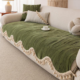 Scalloped Solid — Green Decorative Stripe & Scalloped Chenille Couch Cover