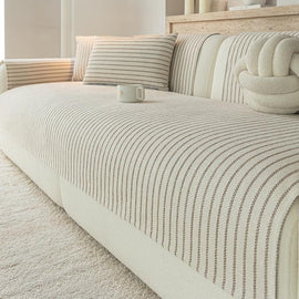 Soft Pinstripe Chenille Non-Slip Couch Cover styled on a sofa