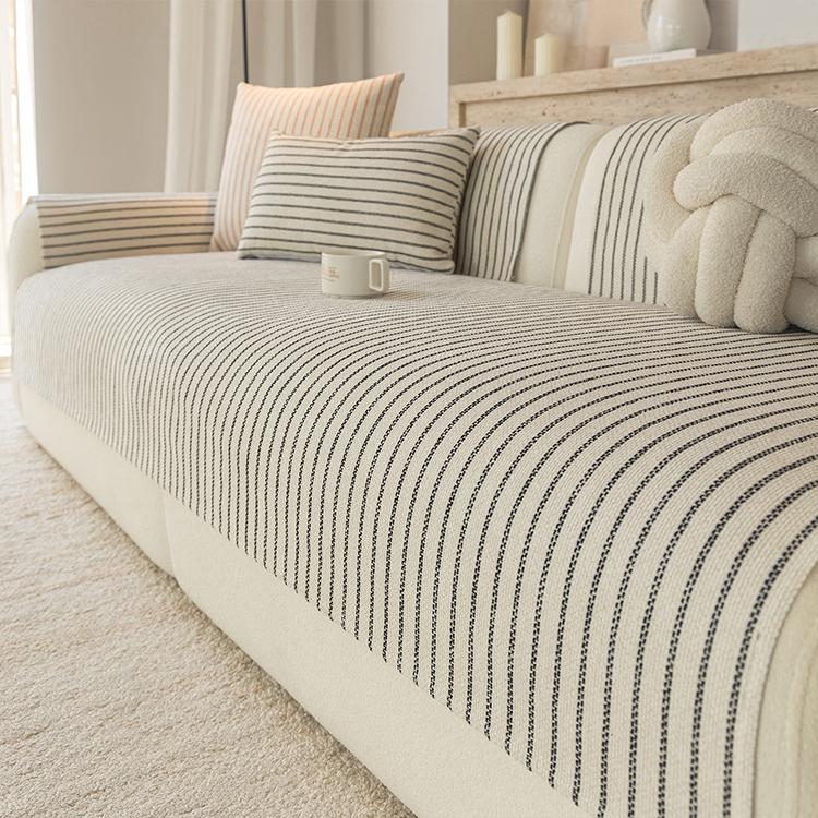 Black Soft Pinstripe Chenille Non-Slip Couch Cover