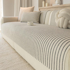 Black Soft Pinstripe Chenille Non-Slip Couch Cover