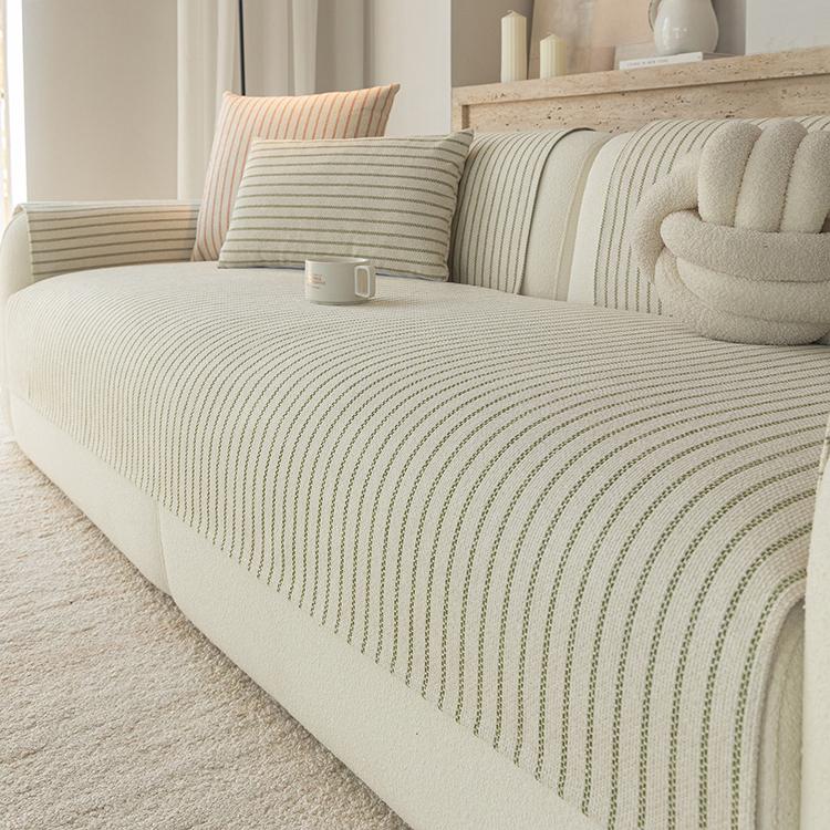 Green Soft Pinstripe Chenille Non-Slip Couch Cover