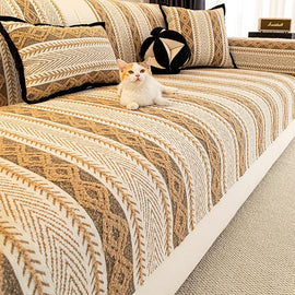 Boho Herringbone Stripe Chenille Couch Cover styled on a sofa