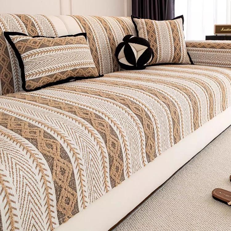 Khaki herringbone stripe cover on a light sofa — gsft-9059