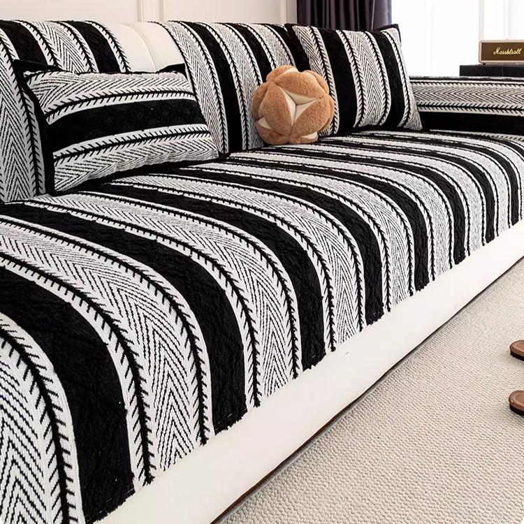 Black herringbone stripe chenille sofa cover — gsft-9059