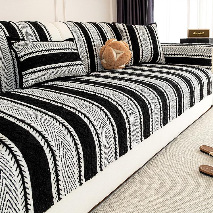 Black Boho Herringbone Stripe Chenille Couch Cover