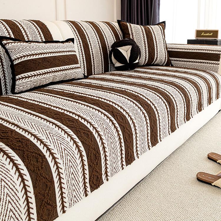 Dark Brown Boho Herringbone Stripe Chenille Couch Cover