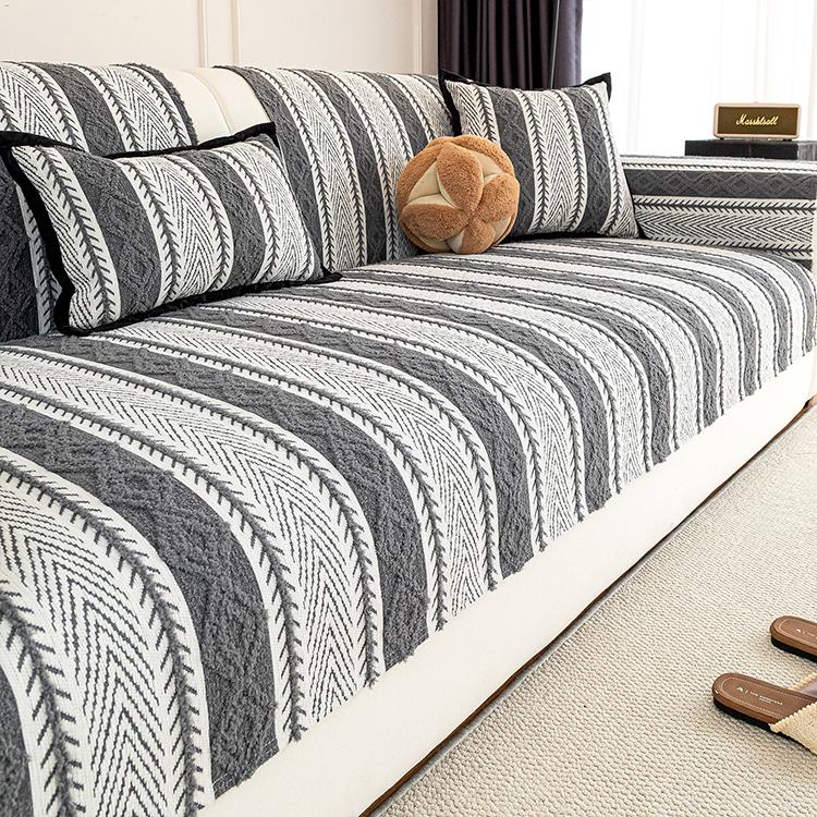 Gray Boho Herringbone Stripe Chenille Couch Cover