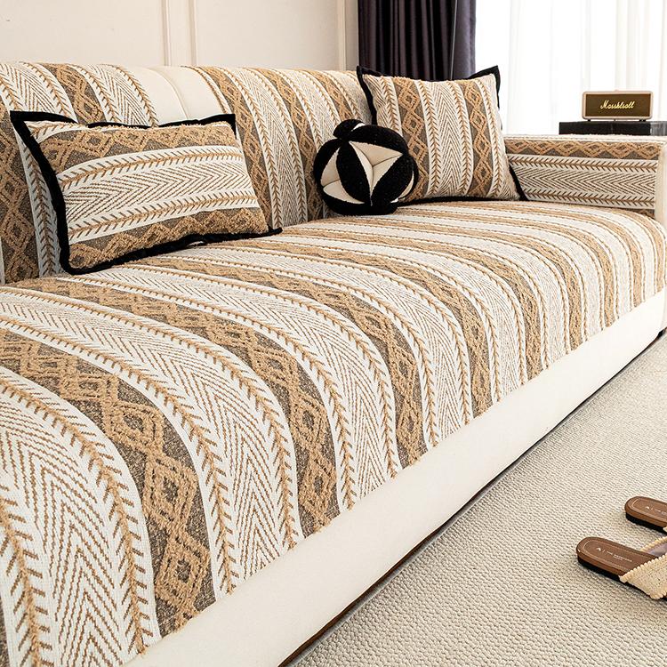 Khaki Boho Herringbone Stripe Chenille Couch Cover