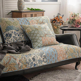 Vintage Floral Patchwork Cotton Couch Cover styled on a sofa