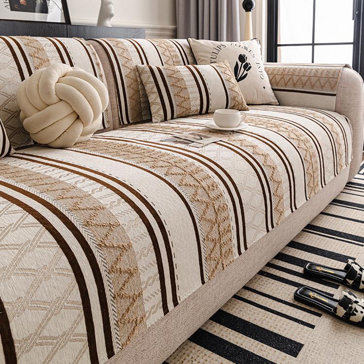 Brown geometric stripe sofa cover — gsft-9061