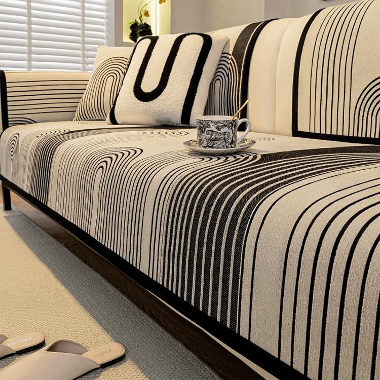 Black Modern Arch Pattern Chenille Non-Slip Couch Cover