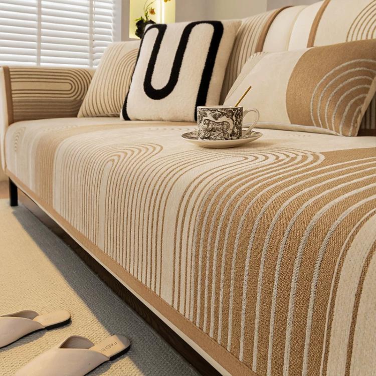 Khaki Modern Arch Pattern Chenille Non-Slip Couch Cover