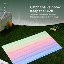 Rainbow pet cooling mat displayed flat on an outdoor lawn