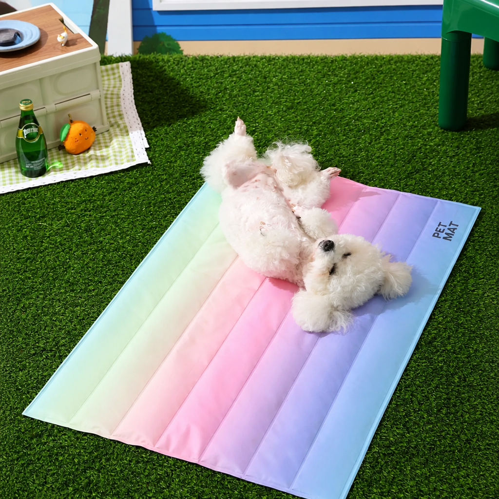 Small dog relaxing on the rainbow summer cooling mat