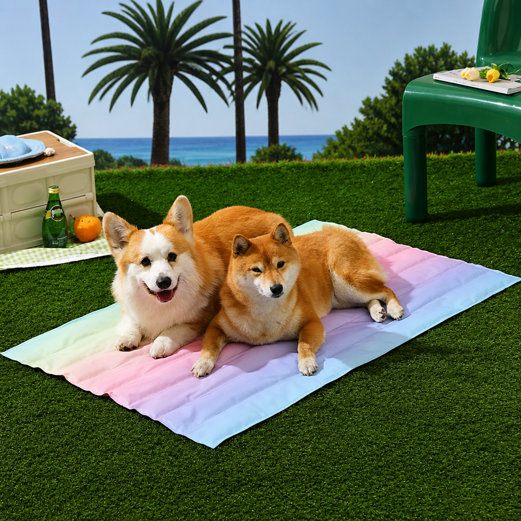 Two medium dogs sharing the large rainbow cooling mat