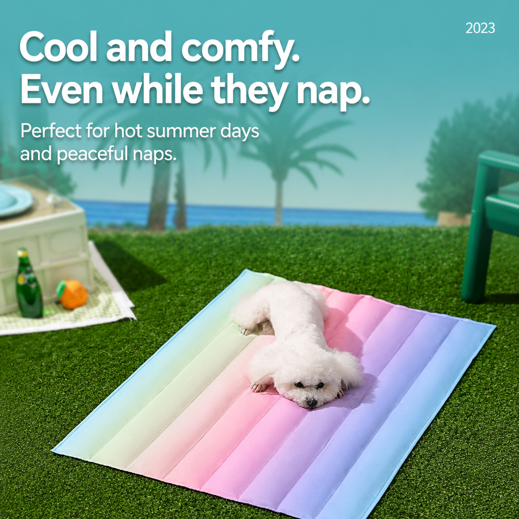 Dog relaxing on a colorful cooling mat during warm weather