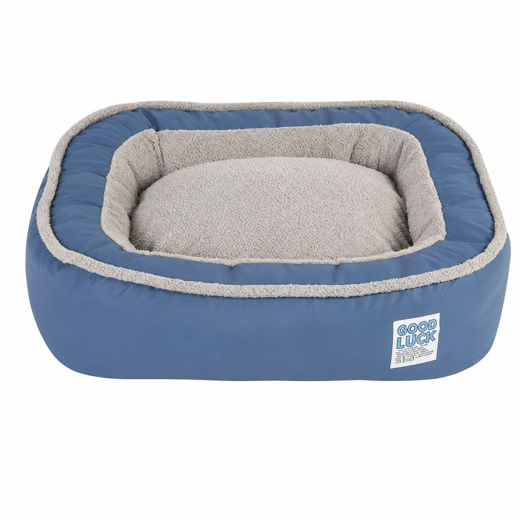 Blue and Gray plush bolster dog bed in M size