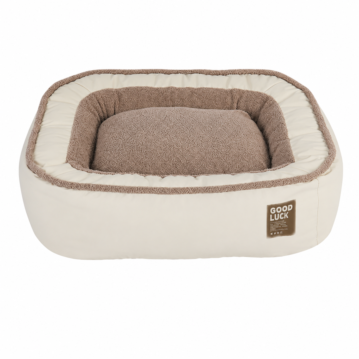 Beige and Brown plush bolster dog bed in M size