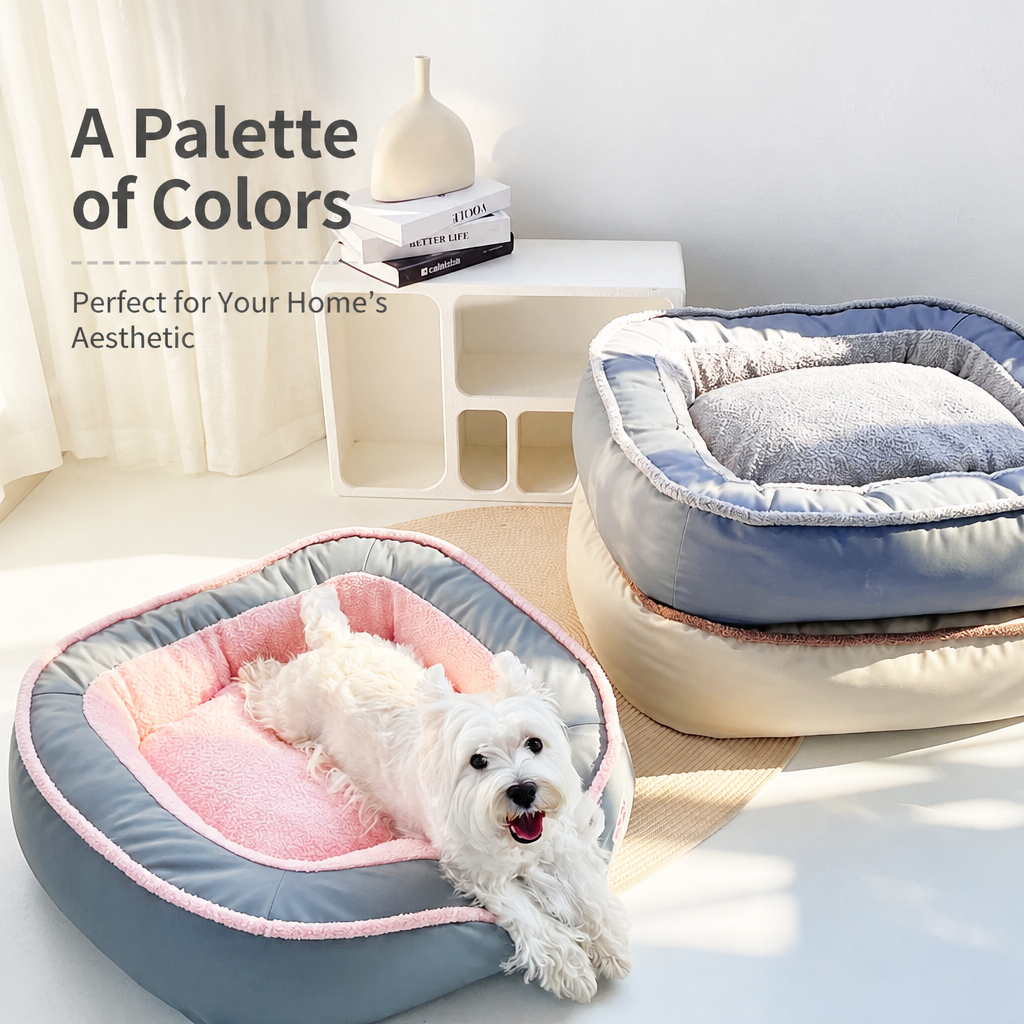 Gray-pink, blue-gray and beige-brown dog bed color options