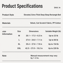 Dog bed size, material and recommended pet weight chart