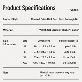Dog bed size, material and recommended pet weight chart