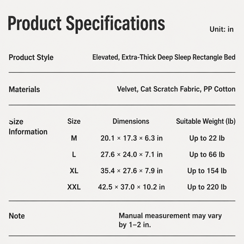 Dog bed size, material and recommended pet weight chart