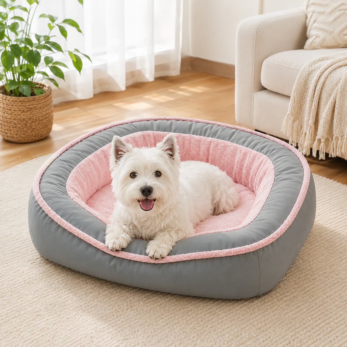 Plush gray and pink deep-sleep dog bed with high supportive bolsters