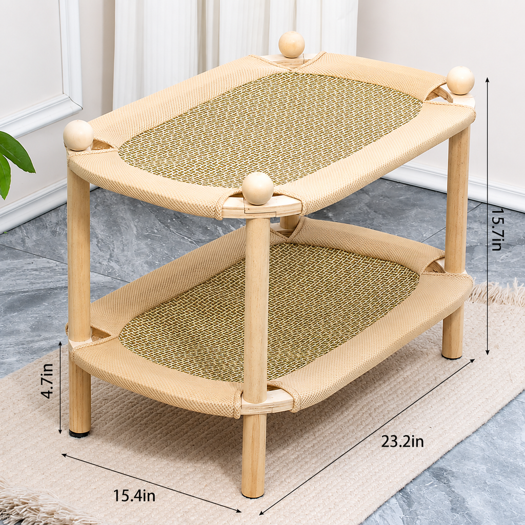 Natural wood two-tier cat hammock fitted with cooling mats on both levels