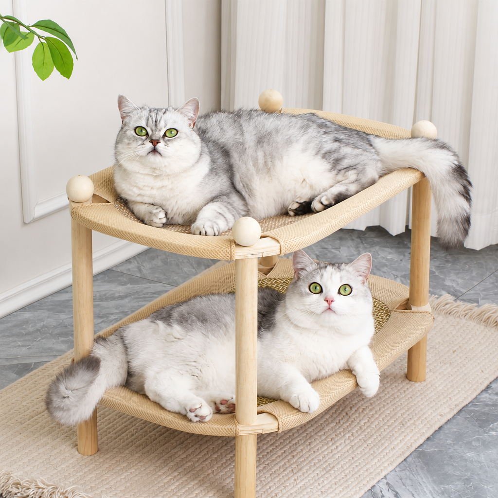 Two cats relaxing on the sturdy natural wood hammock tower