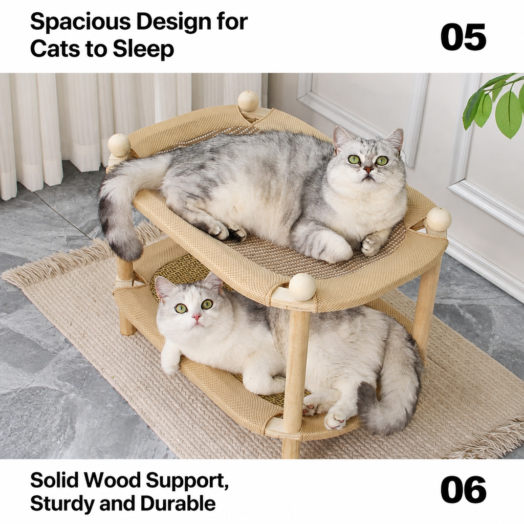 Spacious two-level cat bed with solid wood support