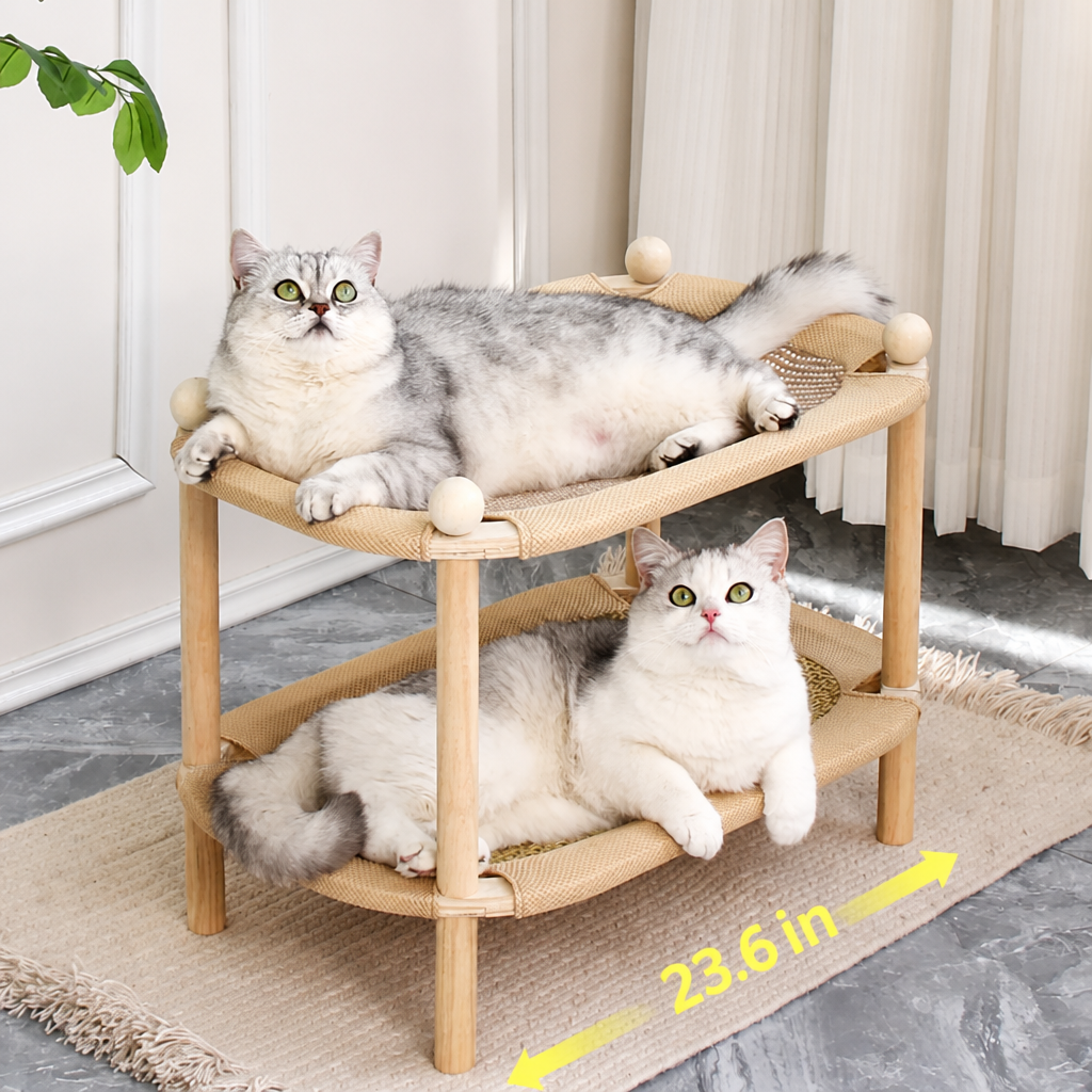 Two-tier wooden cat hammock bed with sisal scratching and cooling lounge surfaces Main image