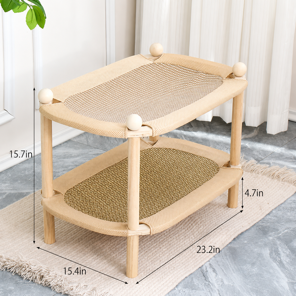 Natural wood two-tier cat hammock with sisal scratch mat above and cooling mat below