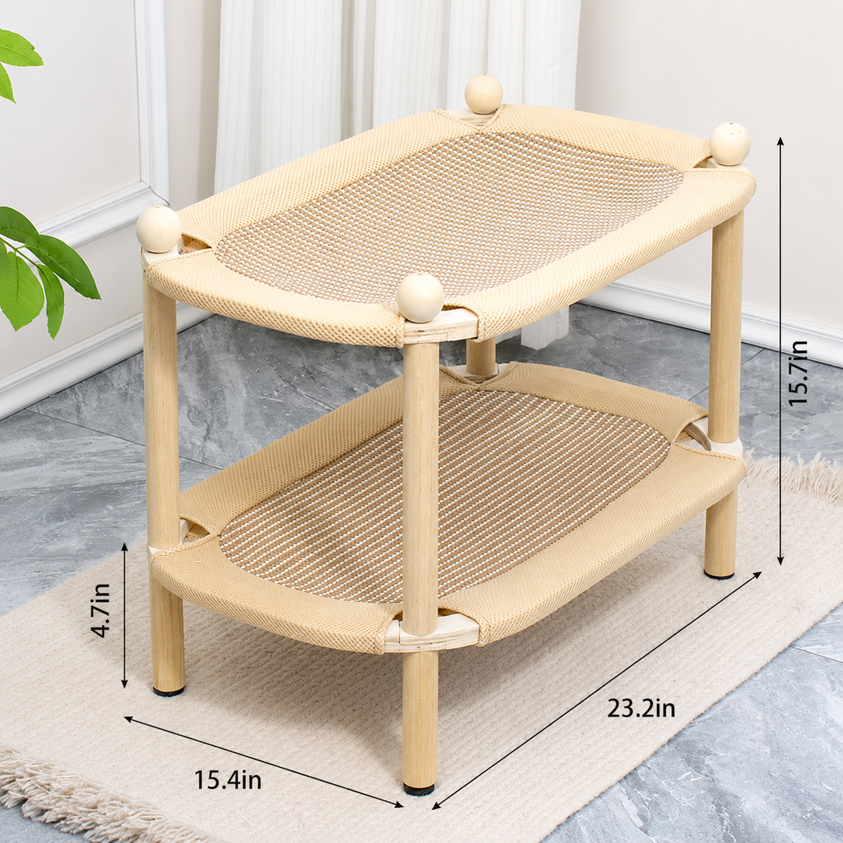 Natural wood two-tier cat hammock fitted with sisal scratch mats on both levels