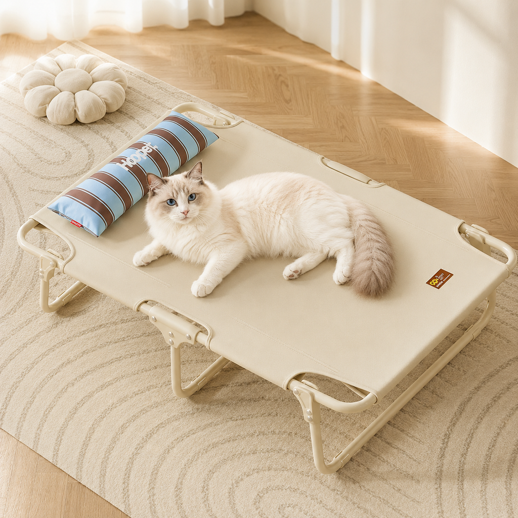 Beige elevated dog bed for pets up to 25 lb, without rope toy