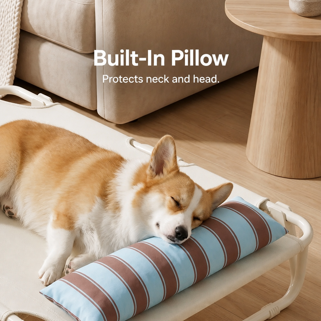 Easy-clean beige dog cot surface with reinforced stitching