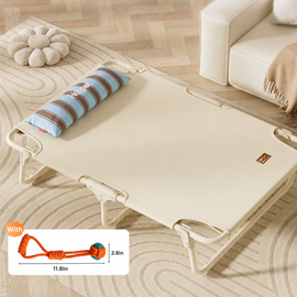 Beige elevated dog bed for pets up to 25 lb, with orange rope toy