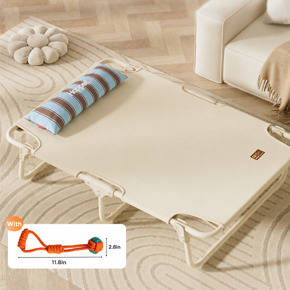 Beige elevated dog bed for pets up to 25 lb, with orange rope toy